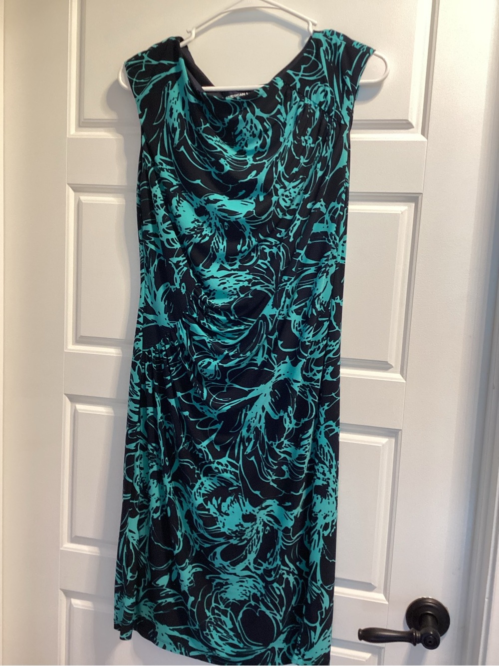 American Living Black and Teal Floral Sheath Dress cinched waist on side.
